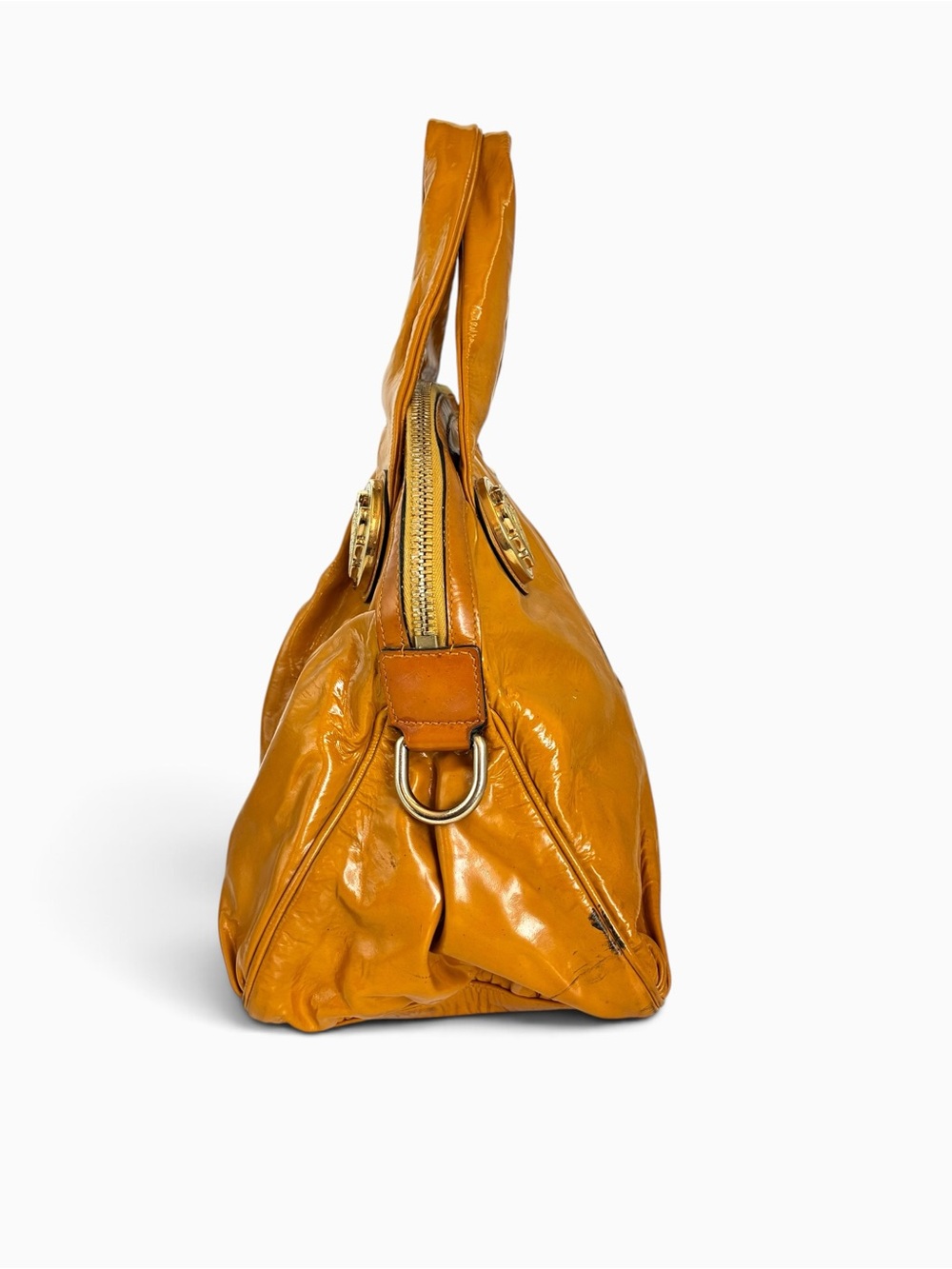 Gucci Hysteria Patent Leather Large Tote Bag Mustard Yellow Gold Crest - Picture 4 of 11